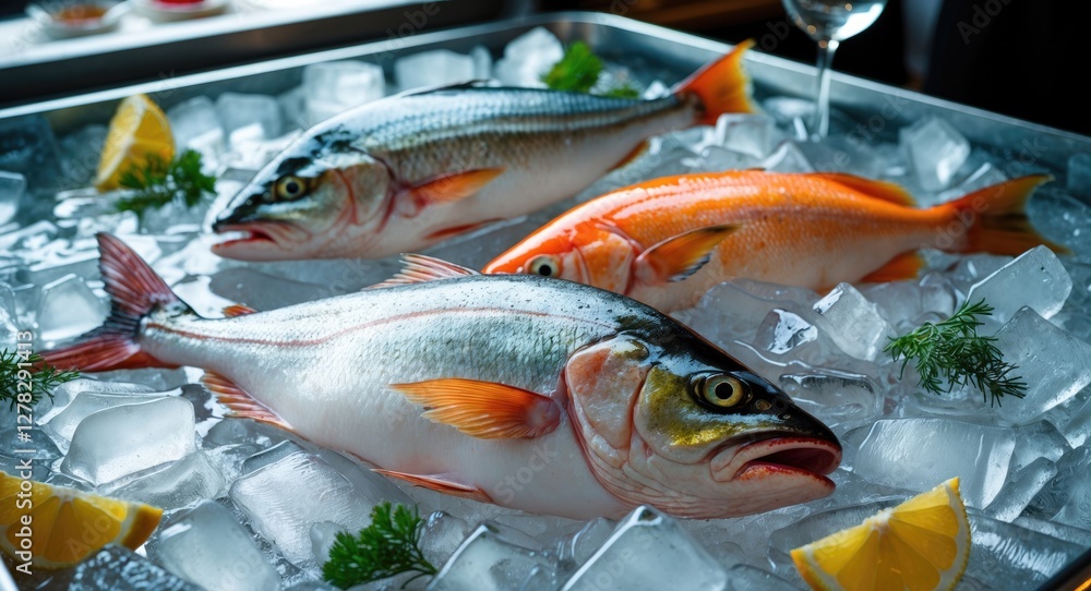 Poster freshly displayed seafood assorted on ice with lemon garnish in upscale restaurant setting