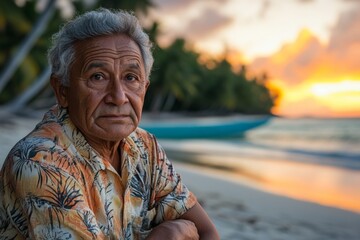 Elderly man sits on a beach at sunset, reflecting on life in a tropical paradise