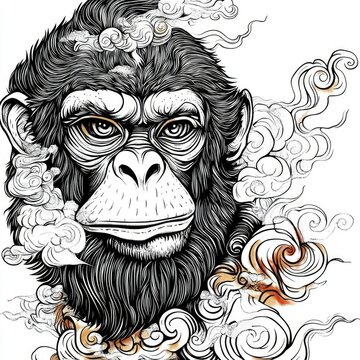 Majestic Chimpanzee Portrait with Intricate Cloud Design