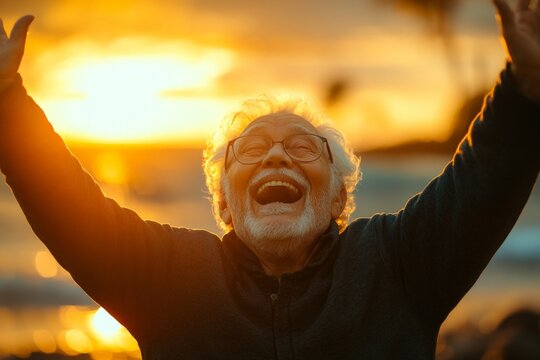 Joyful celebration during sunset with an elderly man expressing happiness at the beach