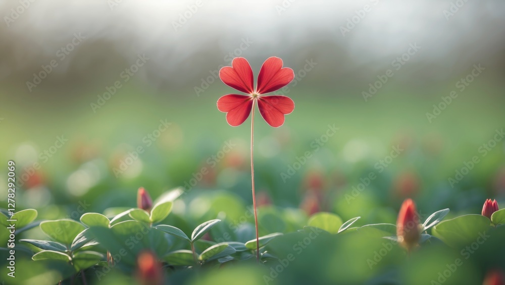 Poster vibrant red clover flower on blurred green background with soft focus and copy space for text ideal 