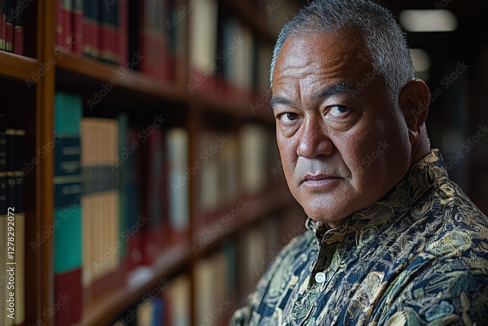 Poster thoughtful man poses against a bookshelf filled with colorful volumes in a quiet library setting