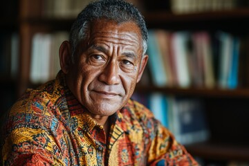 Fototapeta premium Senior man in traditional attire reflects wisdom and experience in a cozy library setting during the day