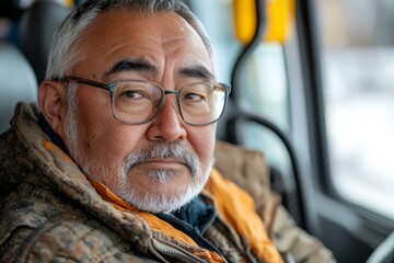 Experienced bus driver looks thoughtfully at the road ahead in a snowy landscape during winter