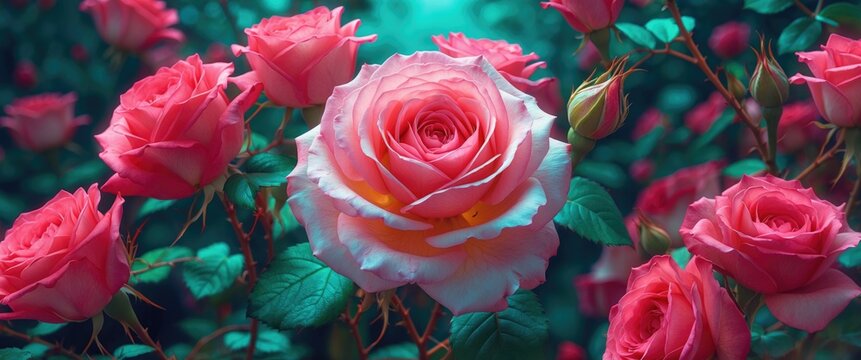 Vibrant pink roses blooming in a lush garden setting with soft lighting and dew drops creating an enchanting floral atmosphere. - Powered by Adobe