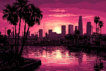 Obraz premium Colorful Sunset Over a Calm Urban Canal with Silhouette of Cityscape