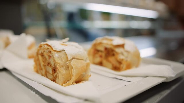 Closeup of two pieces of traditional Austrian apple strudel on display
