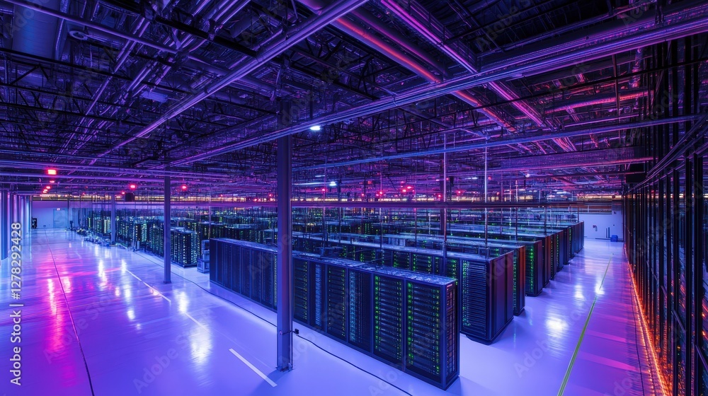 Poster a cloud computing facility where engineers manage vast networks of virtual servers and ai-driven aut