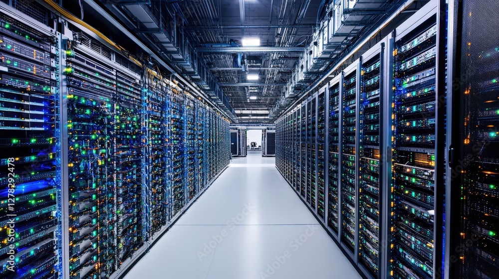 Poster a cloud computing facility where engineers manage vast networks of virtual servers and ai-driven aut