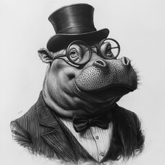 Cute Old School Style Hippo in a dapper hat, sepia, gangster vibe, peaky blinders