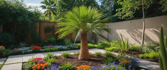 Lush garden landscape showcasing a small green palm tree surrounded by vibrant flowerbeds on a sunny day. Ideal for outdoor design themes.
