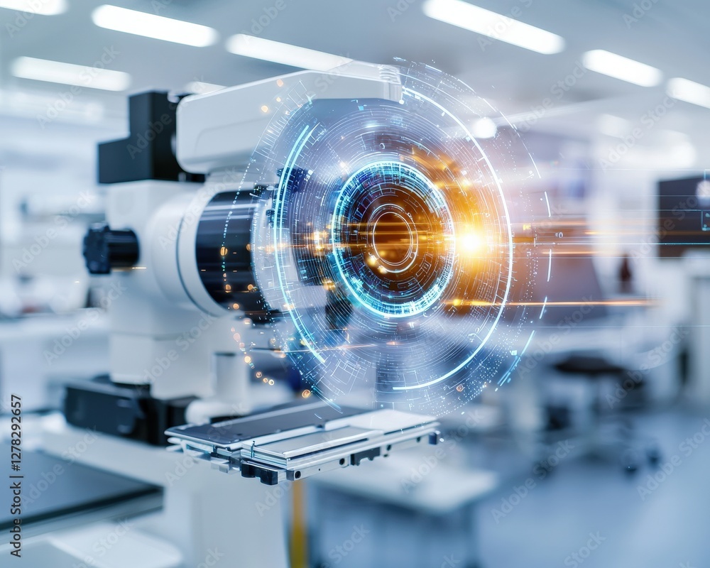 Poster modern microscope with digital interface visualization