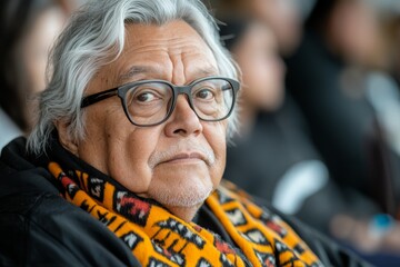 Elderly man with white hair and glasses wearing a colorful scarf sits in a crowd during an event in a vibrant setting