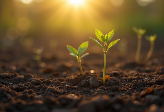 Tender young plant growing out of the soil under the sun