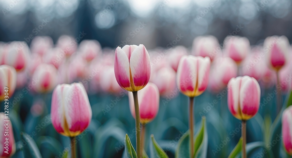 Poster soft blurred tulip field with vibrant details and empty space for text overlay in a serene natural s