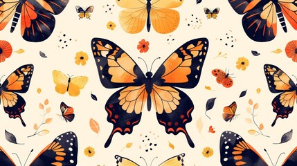 Whimsical butterfly pattern with flowers and leaves on cream background.  Use  Wallpaper, fabric design, children's book