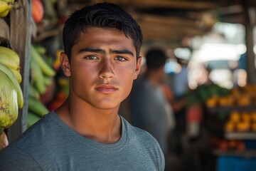 Fototapeta premium Young man poses confidently at a vibrant market showcasing fresh fruits in a sunny outdoor setting