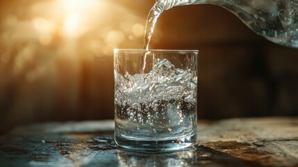 A glass filling with sparkling water, illuminated by warm sunlight, creating a refreshing and inviting scene.