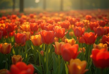 Vibrant field of red tulips in the sunlight