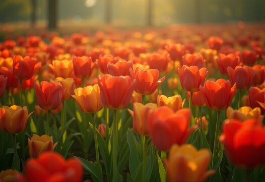 Vibrant field of red tulips in the sunlight