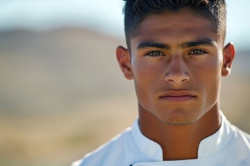 Young chef stands confidently outdoors with a serious expression, highlighting passion for culinary arts in a natural setting