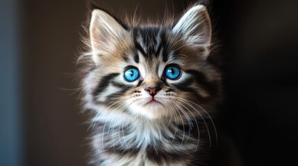 A fluffy tabby kitten with striking blue eyes gazes curiously, showcasing its adorable features and vibrant fur against a softly blurred background.