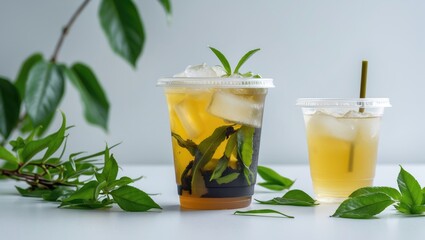 Fototapeta premium Refreshing Jasmine Green Tea in Clear Cups Surrounded by Green Leaves on a White Background