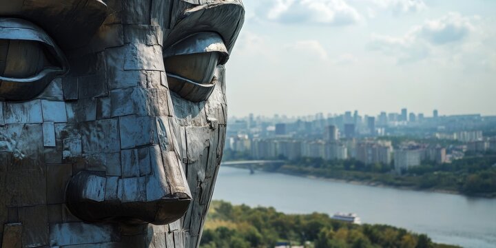 Monumental head overlooking kyiv cityscape and dnipro river