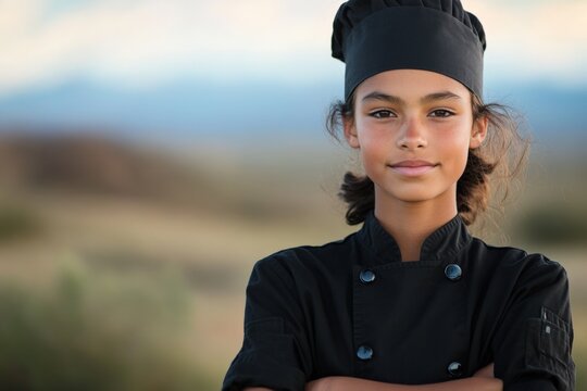 Young chef poses confidently against a serene landscape showcasing culinary ambition and passion for cooking