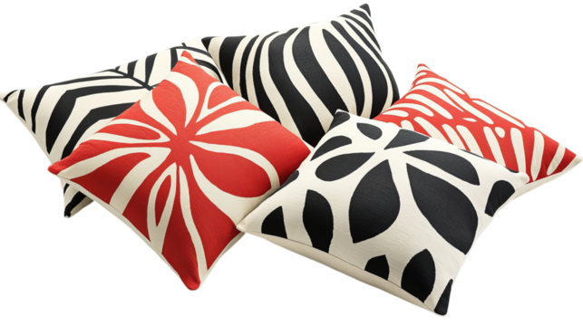 Png of Modern black, white, and red abstract throw pillows on transparent background.