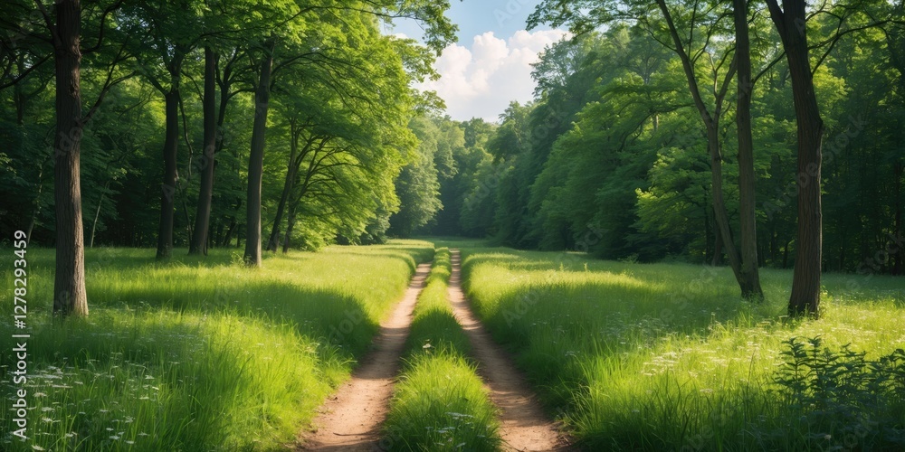 Aufkleber scenic forest path through lush green meadow on a bright sunny day with inviting copy space for text