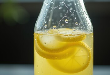 Bottle of lemonade with lemon slices on a dark background