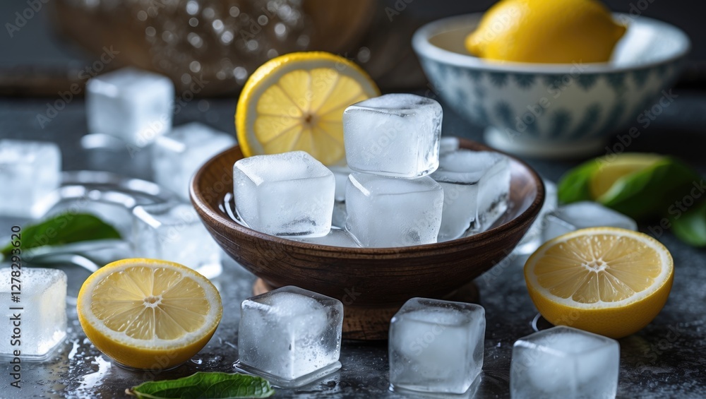 Poster refreshing ice cubes with lemon slices and green leaves on a rustic table for summer drink preparati