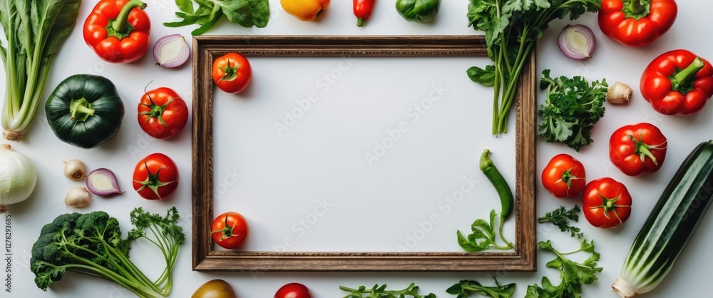 Poster fresh vegetables arranged in a frame on white background healthy eating cooking concept with empty s