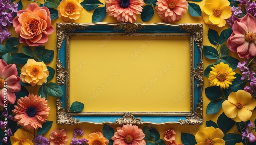 Poster colorful floral frame on bright yellow background with space for custom text or message
