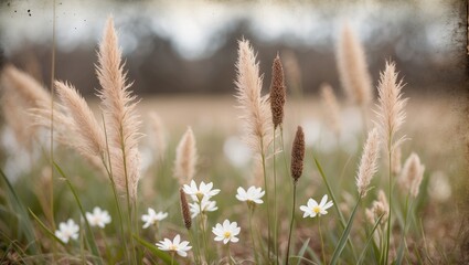 Fototapeta premium Blurry Foxtail Grasses and Spring Flowers in Vintage Style with Soft Focus and Empty Space for Text Ideal for Nature and Floral Themes