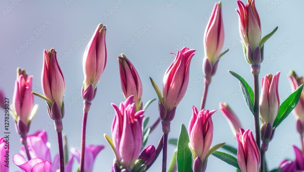 Poster freesia flowerbuds elegantly backlit on bright background with ample space for text and design eleme