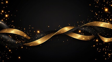 A shimmering gold ribbon swirls against a dark background, adorned with sparkling particles, creating an elegant and festive atmosphere.