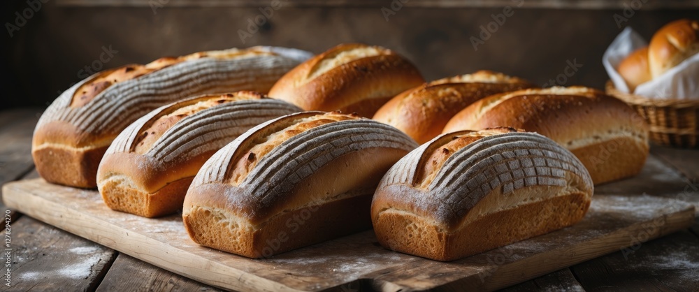 Poster freshly baked artisan bread loaves displayed on wooden board with empty space for text and rustic ba