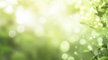 Obraz premium A serene, dreamy green background with soft bokeh lights and delicate leaves, creating a tranquil and refreshing atmosphere.