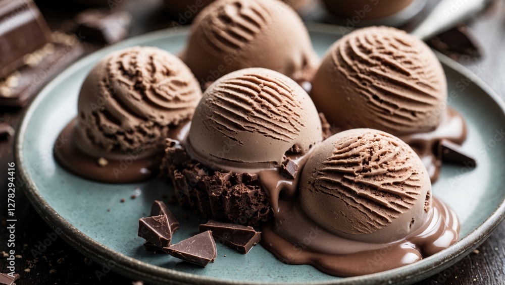 Poster decadent chocolate ice cream scoops melting on a plate surrounded by chocolate chunks and drizzle in