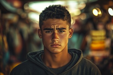 Obraz premium Young man expresses contemplation in a vibrant market setting during late afternoon hours
