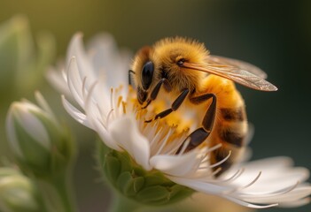 Bee collecting nectar from a white flower