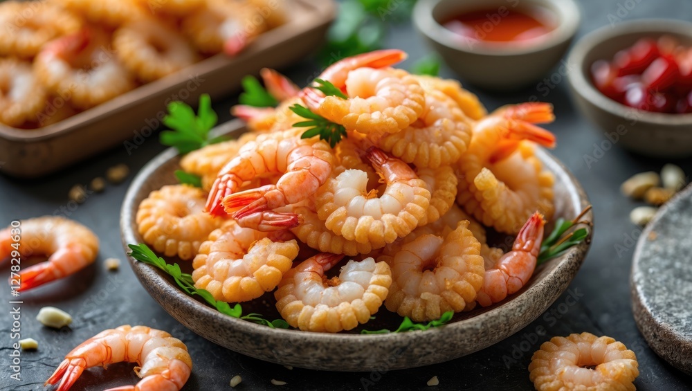 Poster crunchy prawn crackers stacked on plate with fresh shrimp and empty space for text in culinary setti