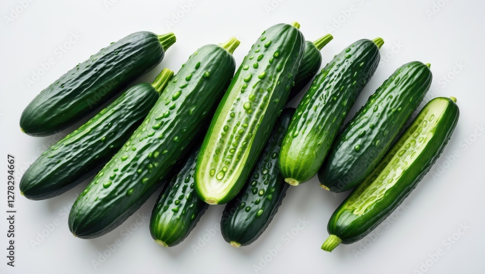 Poster freshly harvested cucumbers stacked on bright background with room for text display in culinary or n
