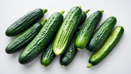 Freshly Harvested Cucumbers Stacked on Bright Background with Room for Text Display in Culinary or Nutritional Context