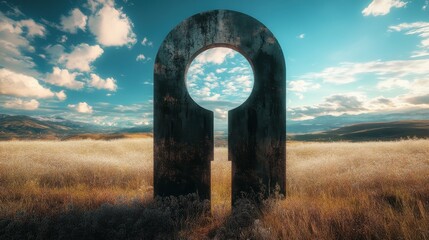 An imposing steel arch structure stands tall in a sunlit field, framed against a vibrant blue sky filled with fluffy clouds, creating a sense of wonder.