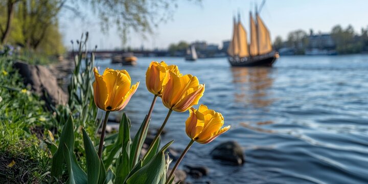 Yellow tulips blooming on dnipro river bank with sailing ship in kyiv