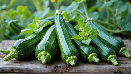 Freshly Harvested Green Zucchini with Foliage on Rustic Wooden Surface Surrounded by Lush Garden Background Ideal for Summer Recipes