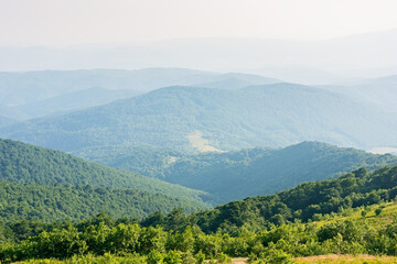 Fototapeta premium beautiful view of mountain landscape in summer. sunny day. green hill rolling in to the distance in evening light. alpine scenery with valley